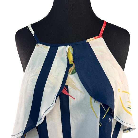 Lily Rose Striped Floral Halter Top With Ruffle Detail & Tie Back - Picture 2 of 8